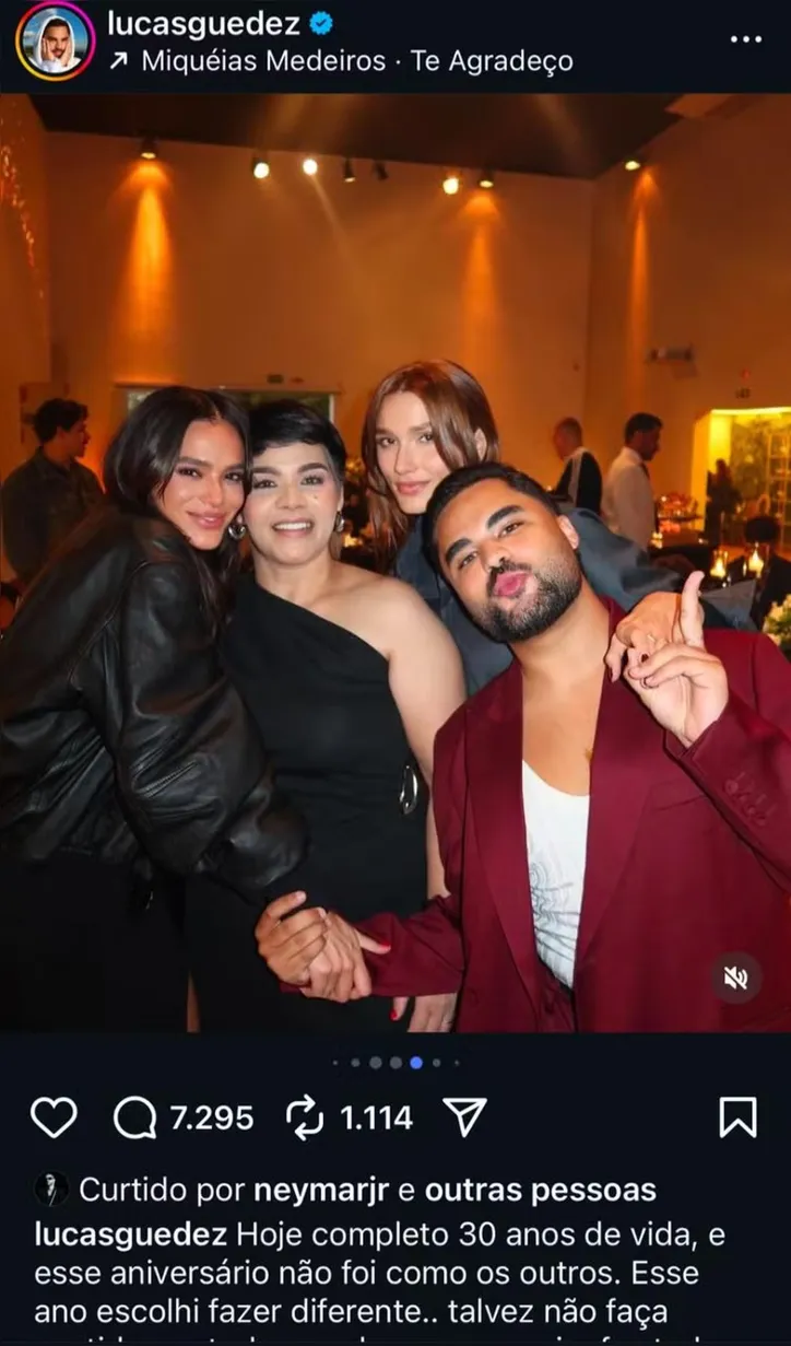 Post de Lucas Guedez com Bruna Marquezine e a curtida de Neymar