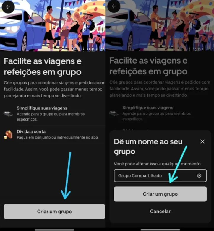 Passos intermediários para criar o grupo do Uber Group Rides