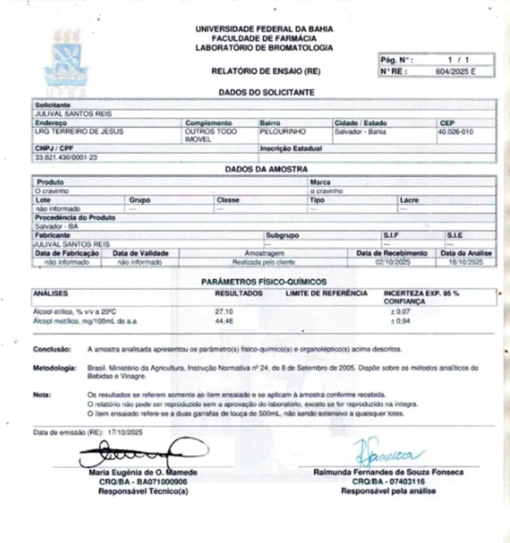Laudo de excelência divulgado pelo bar Cravinho