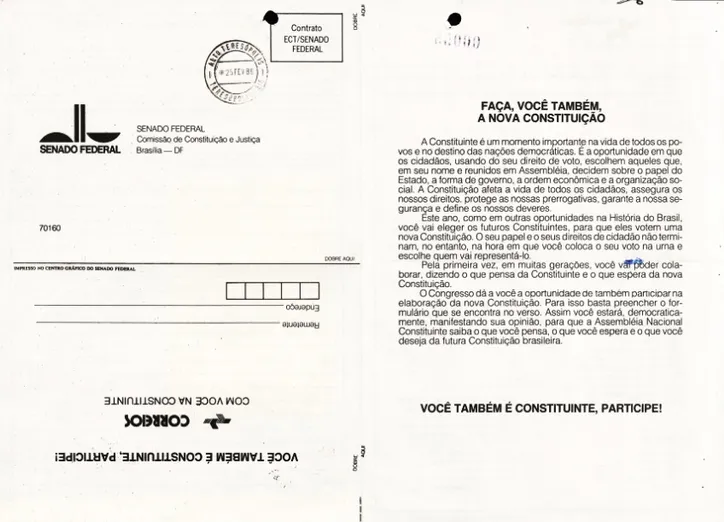 Fac-símile do modelo de Carta Cidadã que o Congresso pediu aos brasileiros para enviarem aos constituintes com sugestões para a nova Constituição