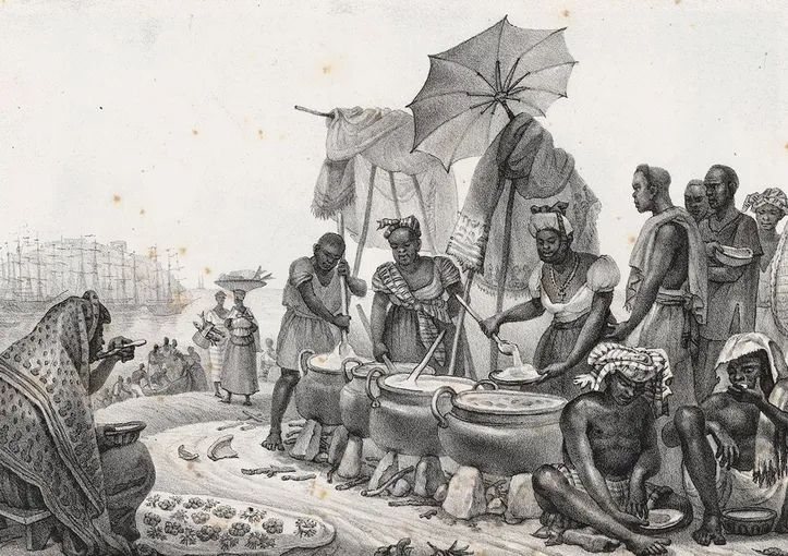 Negras vendedoras de angu, litografia de 1835 de Jean Baptiste Debret, retratando a má alimentação dos escravizados no Brasil