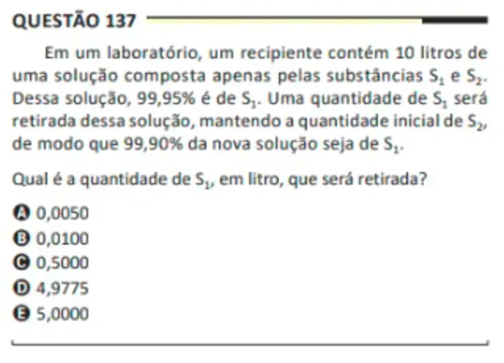 Questão 137 da prova amarela; a alternativa correta, segundo o gabarito oficial, é a letra E