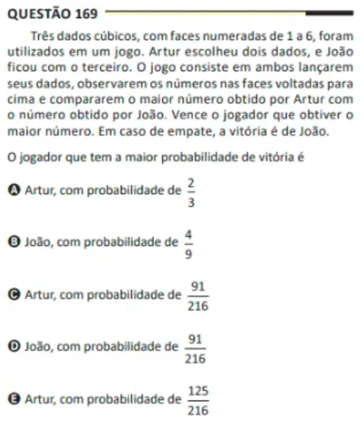 Questão 169 da prova amarela; a alternativa correta, segundo o gabarito oficial, é a letra E