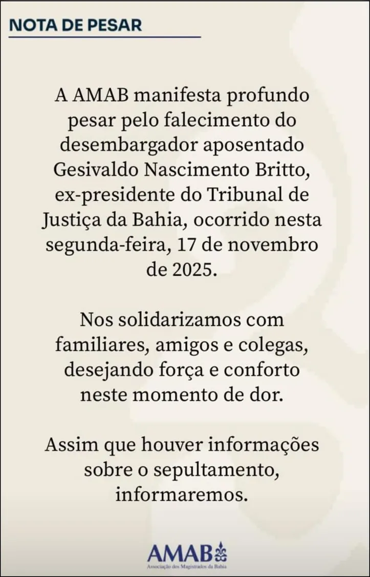 Imagem ilustrativa da imagem Ex-presidente do TJ-BA, Gesivaldo Britto morre aos 79 anos