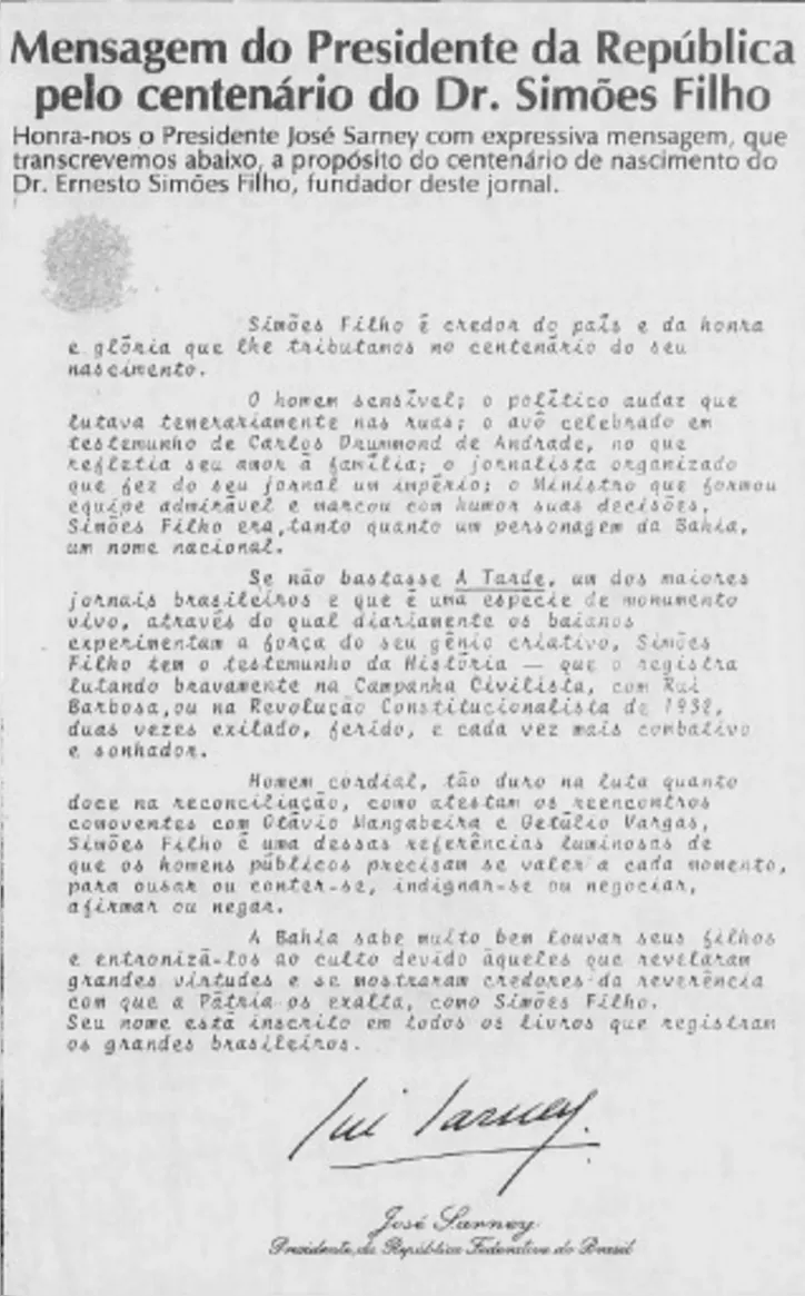 Carta do presidente José Sarney celebrando o centenário fo nascimento de Ernesto Simões Filho