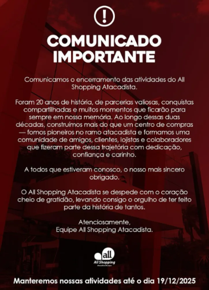 nota publicada no perfil oficial do shopping