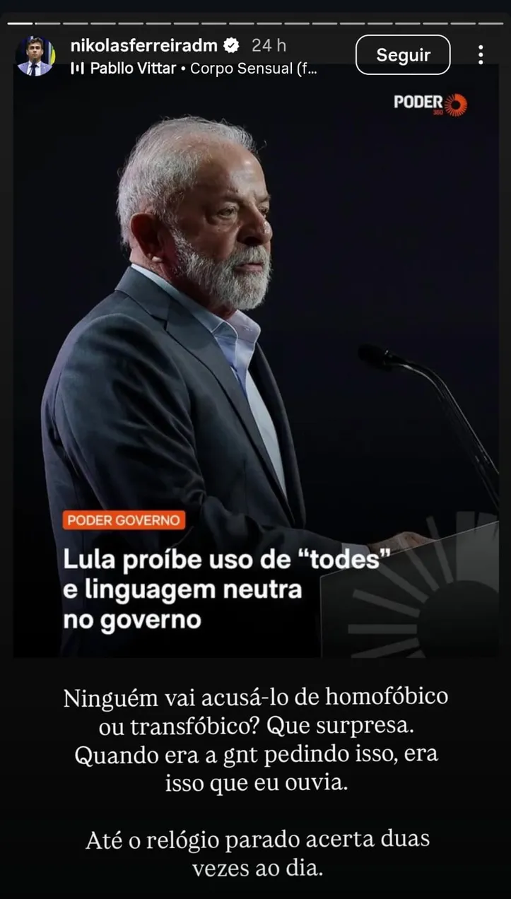 O deputado federal Nikolas Ferreira (PL-MG) atacou o presidente Lula (PT) em suas redes sociais