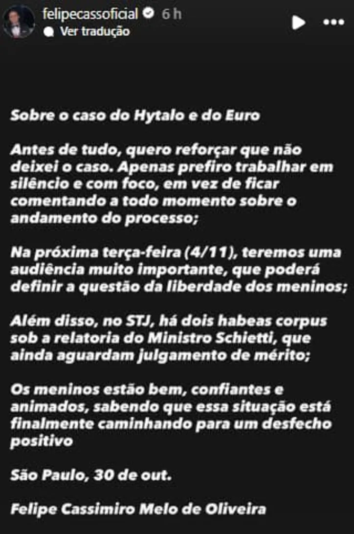 Imagem ilustrativa da imagem Hytalo Santos e marido podem ser soltos em nova audiência, diz defesa