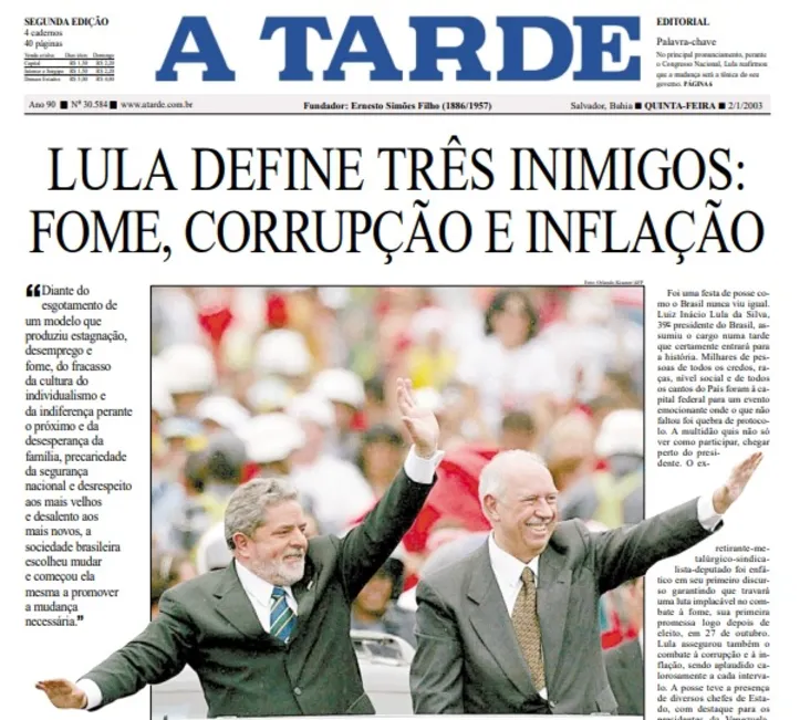 Capa de A TARDE em 2 de janeiro de 2003