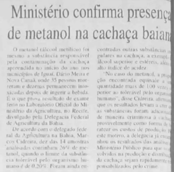 Imagem ilustrativa da imagem Metanol já matou dezenas de pessoas na Bahia há 26 anos; relembre
