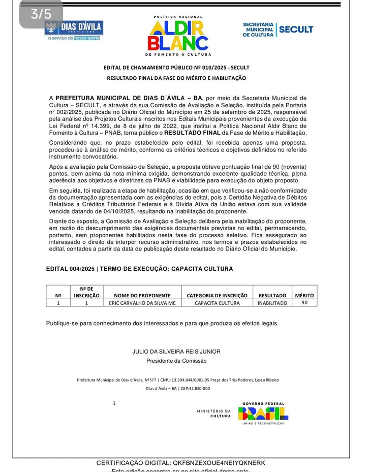 Desclassificação de pastor foi publicada no Diário Oficial de Dias d´Ávila de 5 de novembro