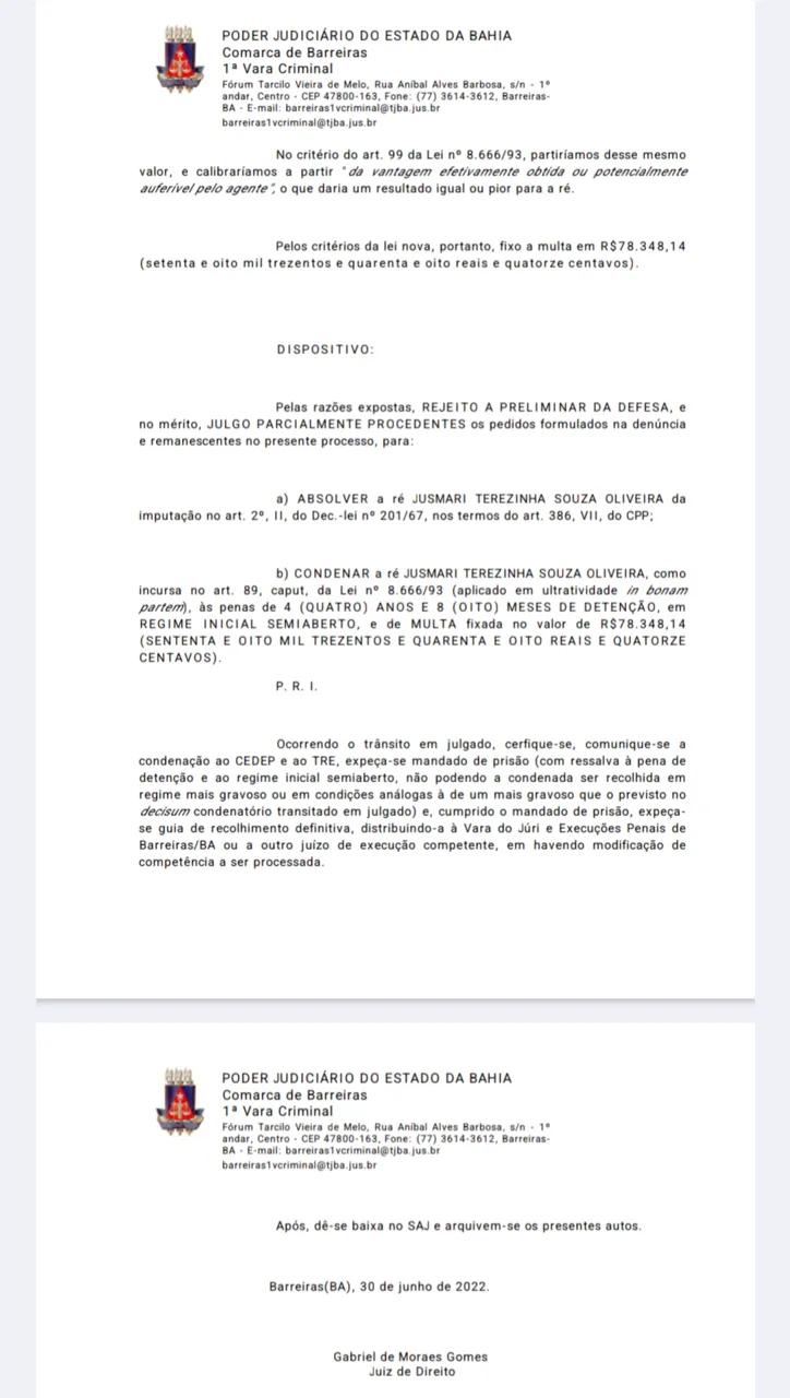 Imagem ilustrativa da imagem Prescreve condenação à prisão de ex-prefeita baiana