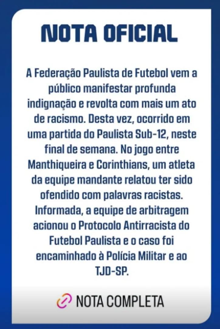 Nota oficial da FPF sobre o caso de racismo.