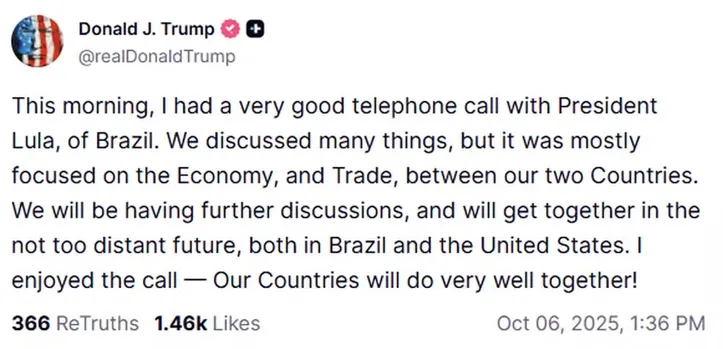 Imagem ilustrativa da imagem Trump e Lula ‘selam a paz’ e confirmam encontro após telefonema