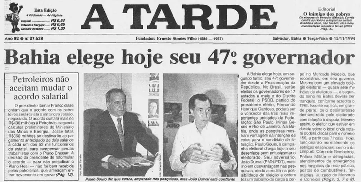 Capa de A TARDE em 15 de novembro de 1994