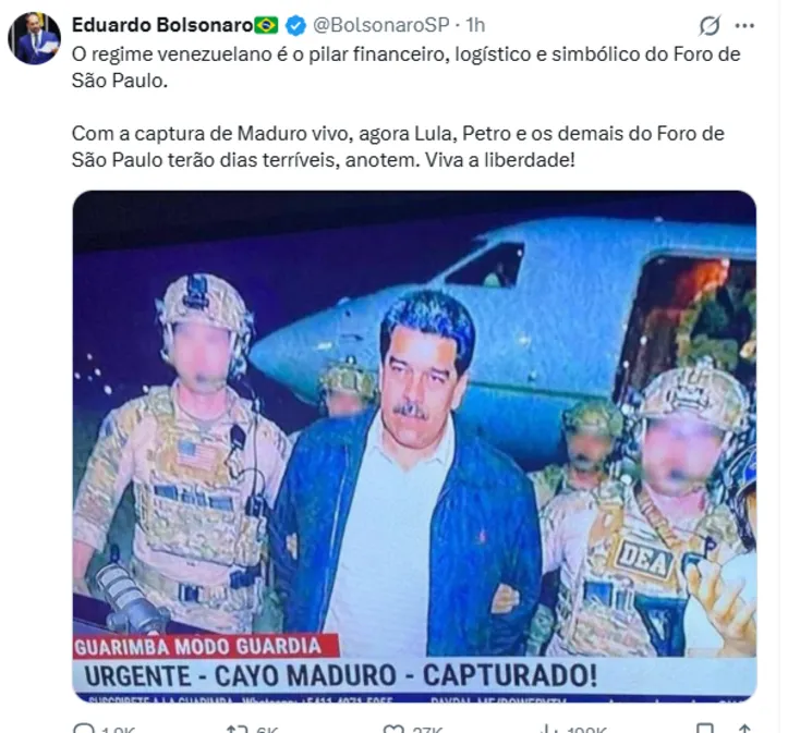 Imagem ilustrativa da imagem Eduardo Bolsonaro celebra captura de Maduro e alfineta Lula e Petro