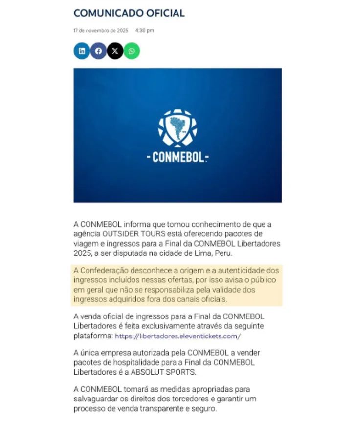 Nota da Conmebol