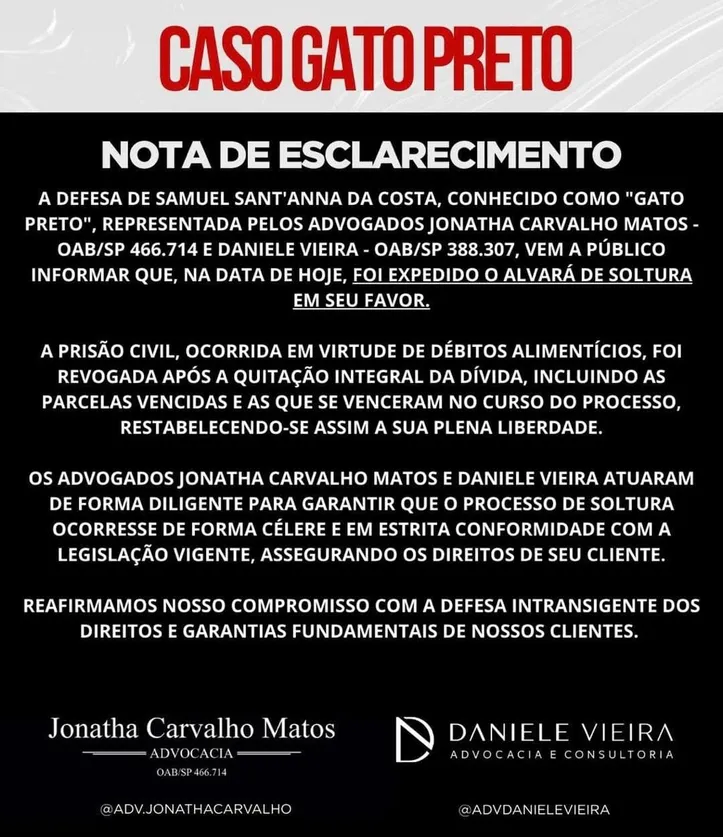 Nota de esclarecimento da defesa de Gato Preto