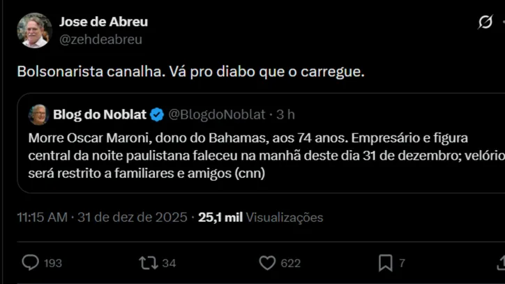 Imagem ilustrativa da imagem José de Abreu comemora morte de Oscar Maroni: “Diabo que o carregue”