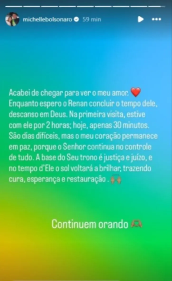 Imagem ilustrativa da imagem Michelle visita Bolsonaro na PF e desabafa: “Dias difíceis”