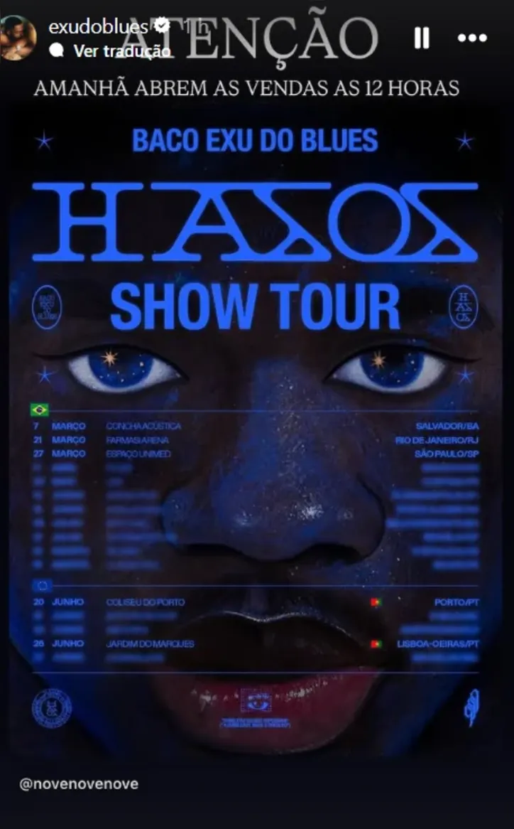 Postagem de Baco Exu do Blues sobre sua nova turnê