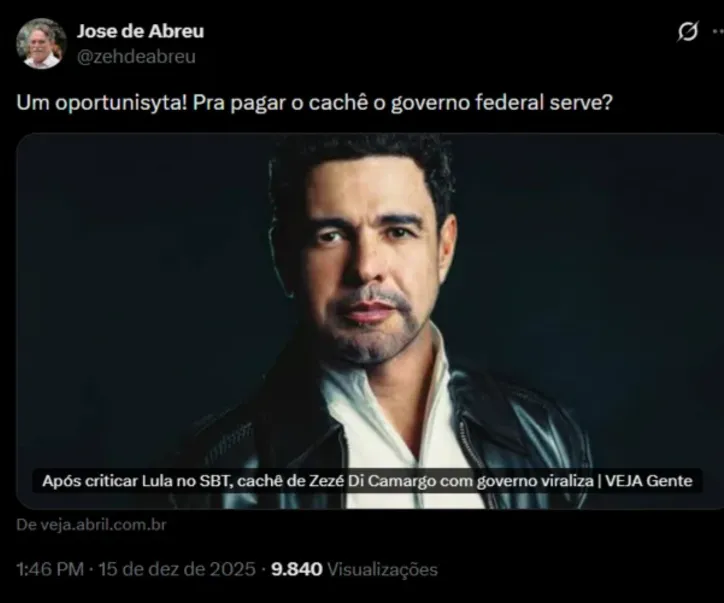 Imagem ilustrativa da imagem Zezé x Lula: José de Abreu expõe cantor e o chama de 'oportunista'