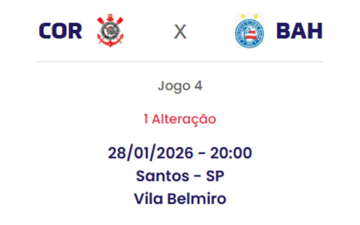 Alteração no jogo entre Corinthians e Bahia já foi confirmada pela CBF