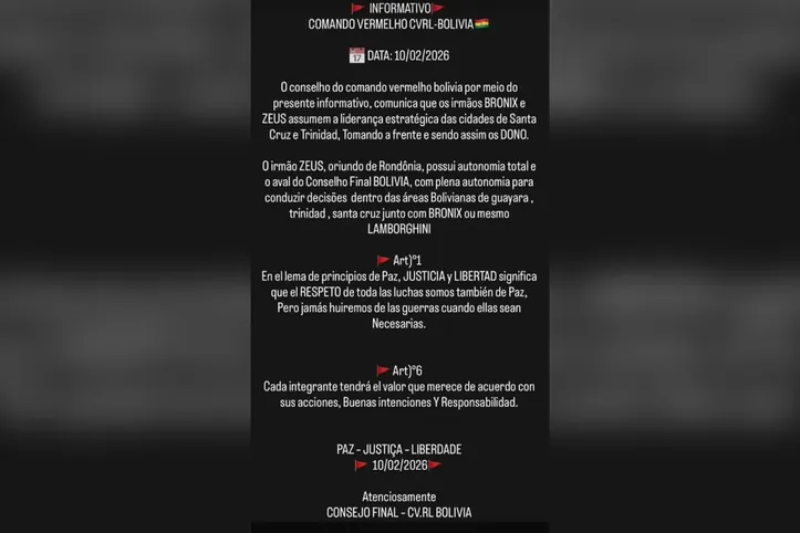 Texto também destaca princípios internos sob o lema “Paz, Justiça e Liberdade”.