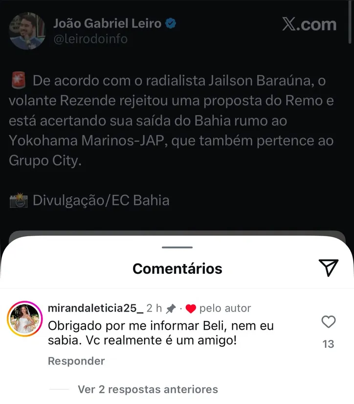 Esposa de Rezende comenta publicação que noticia sua saída para o Japão