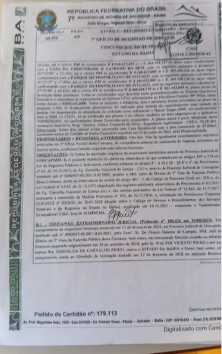 Escritura de seu Valter, vizinho da bisavó de Flávia, onde ele cita o nome da senhora como proprietária do terreno