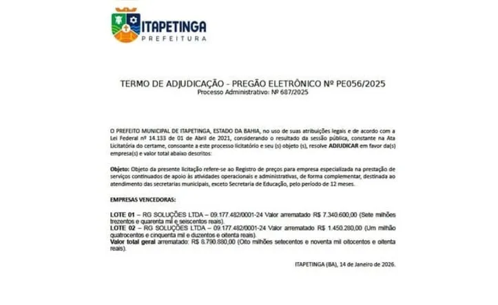 Imagem ilustrativa da imagem Licitação de R$ 30 mi para terceirização bate recorde em Itapetinga