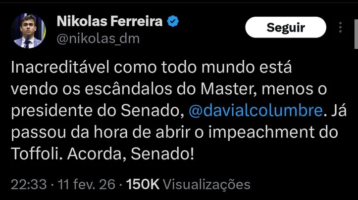 Nikolas Ferreira pressiona para impeachment de Toffoli
