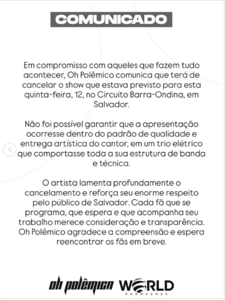 Nota divulgada pela equipe do cantor