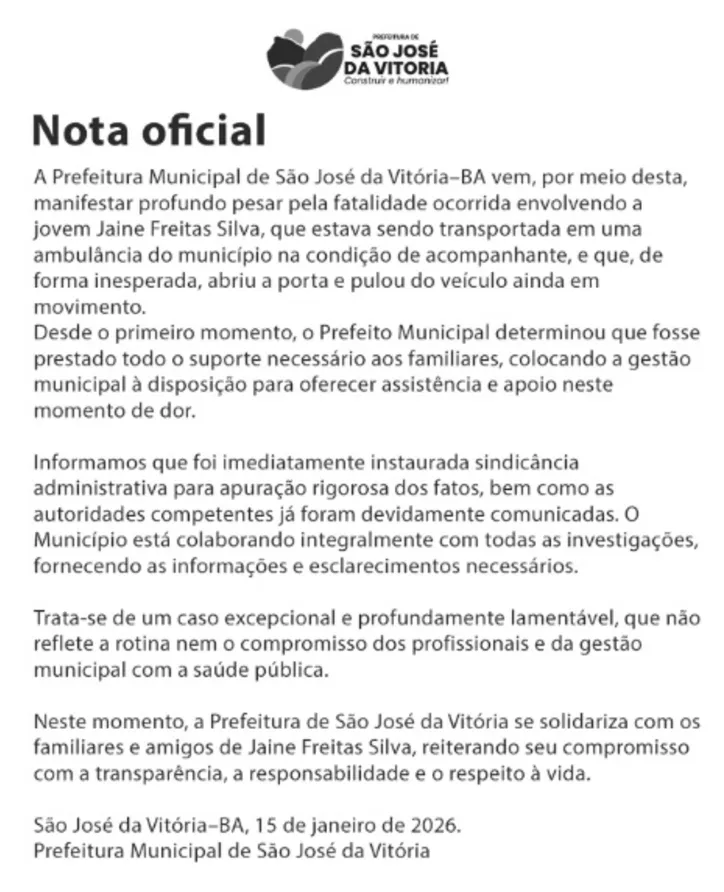 Imagem ilustrativa da imagem Prefeitura baiana diz que mulher morreu ao se jogar de ambulância