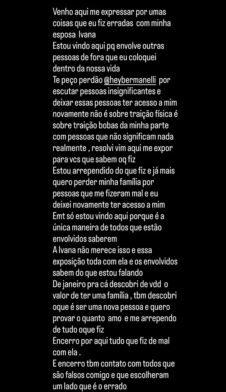 Mensagem de Luan Cândido em suas redes sociais