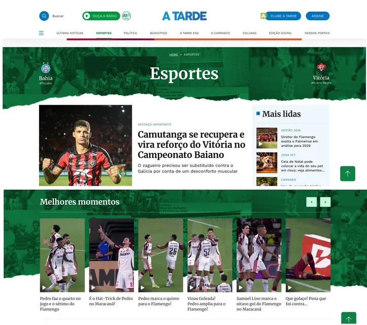 Trechos da nova editoria de esportes do portal A TARDE