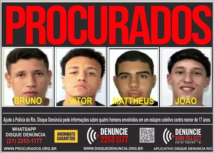 Portal dos Procurados divulgou cartaz dos quatro jovens denunciados pelo estupro coletivo