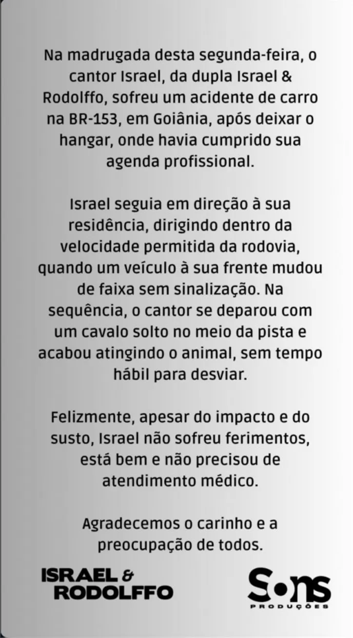 Imagem ilustrativa da imagem Cantor de dupla sertaneja sofre acidente de carro em Goiás