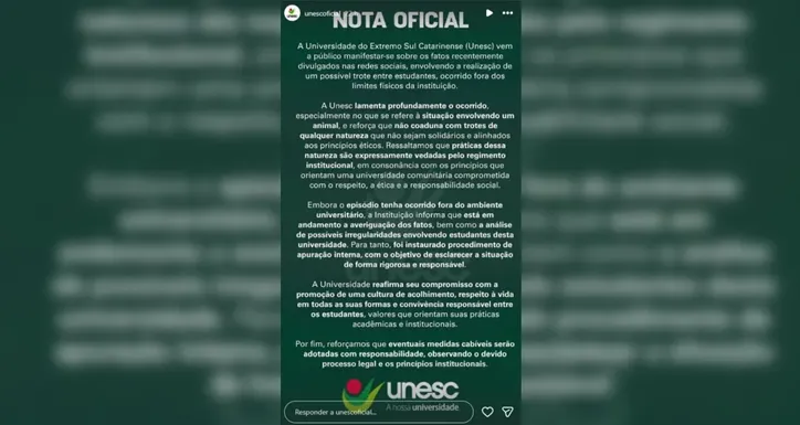 Universidade se pronunciou em nota oficial