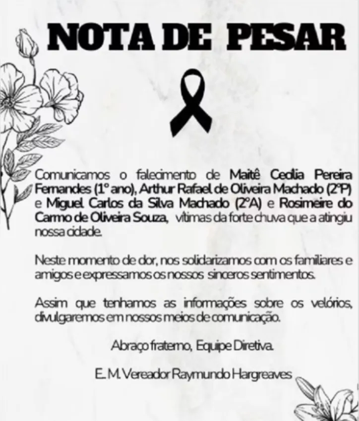 Nota de pesar da Escola Municipal Vereador Raymundo Hagreaves