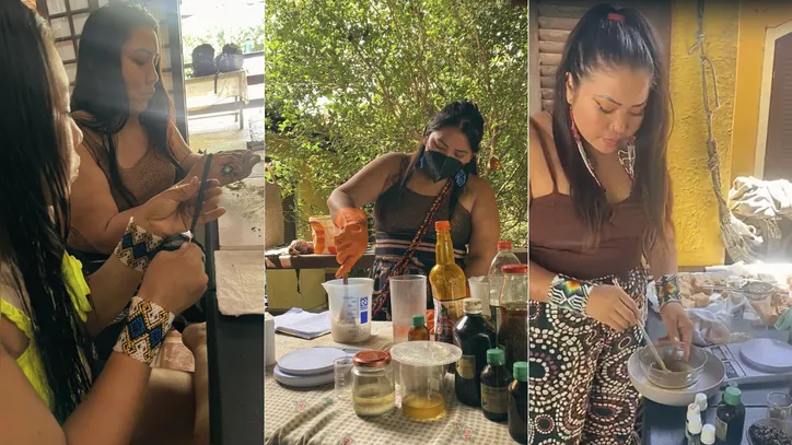 Shãkuany, Mukani e Rãni durante a produção de incensos e sabãos naturais