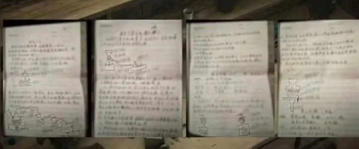 Fórmulas escritas em chinês, instruções desenhadas à mão