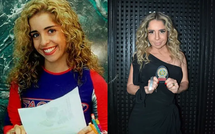 Mônica Areal como Tininha (à esquerda) e atuando como delegada (à direita)