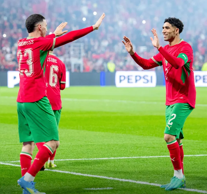 Jogadores do Marrocos em amistoso contra o Paraguai em 2026