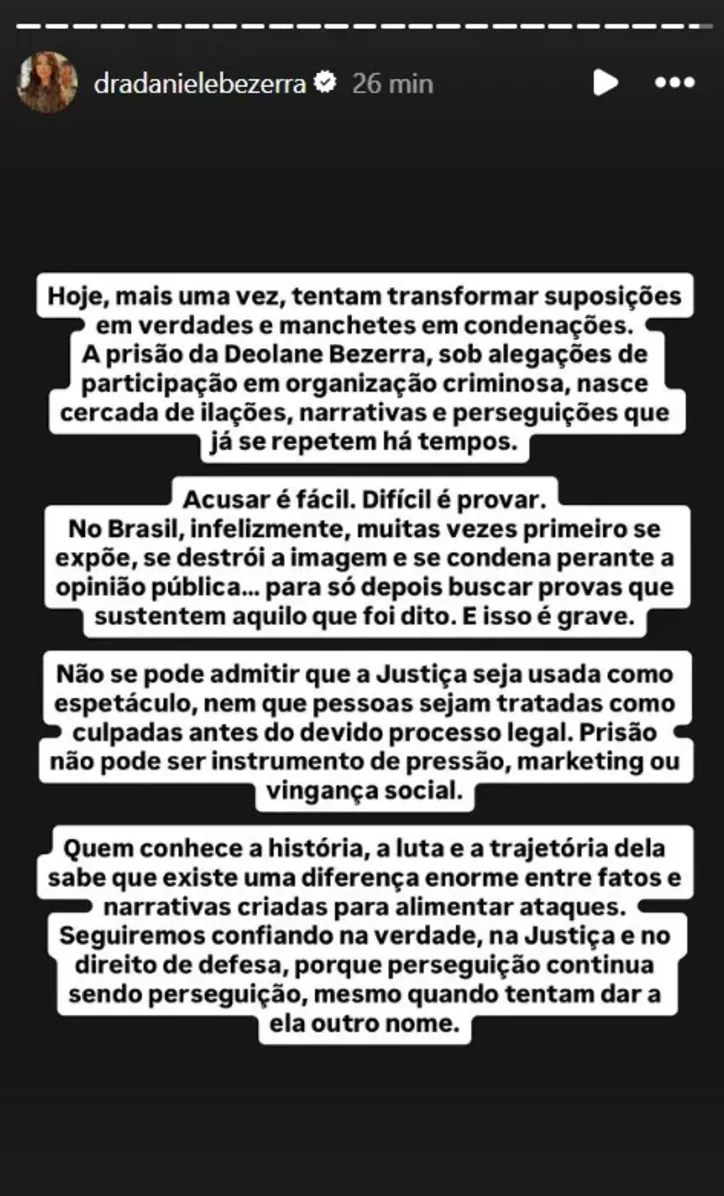 Imagem ilustrativa da imagem Irmã de Deolane Bezerra se pronuncia após prisão: “Difícil é provar”