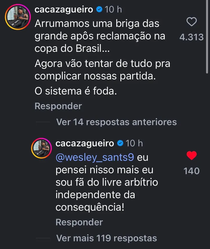 Cacá se manifestando em comentários