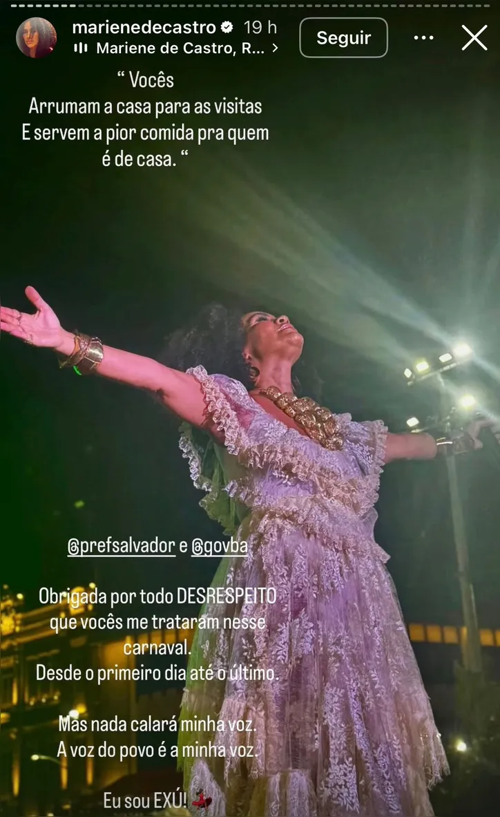 Imagem ilustrativa da imagem Mariene de Castro se revolta após ter microfone desligado em Salvador: "Desrespeito"