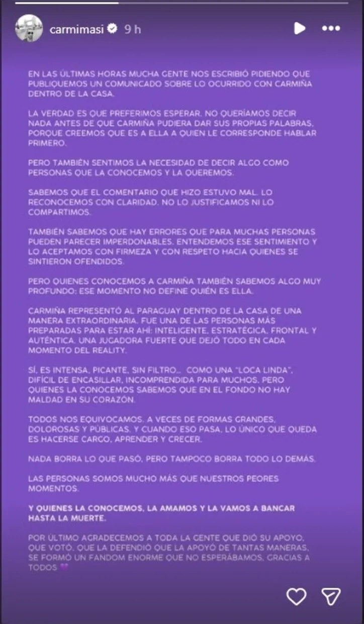 Post da equipe de Carmiña Masi no Instagram