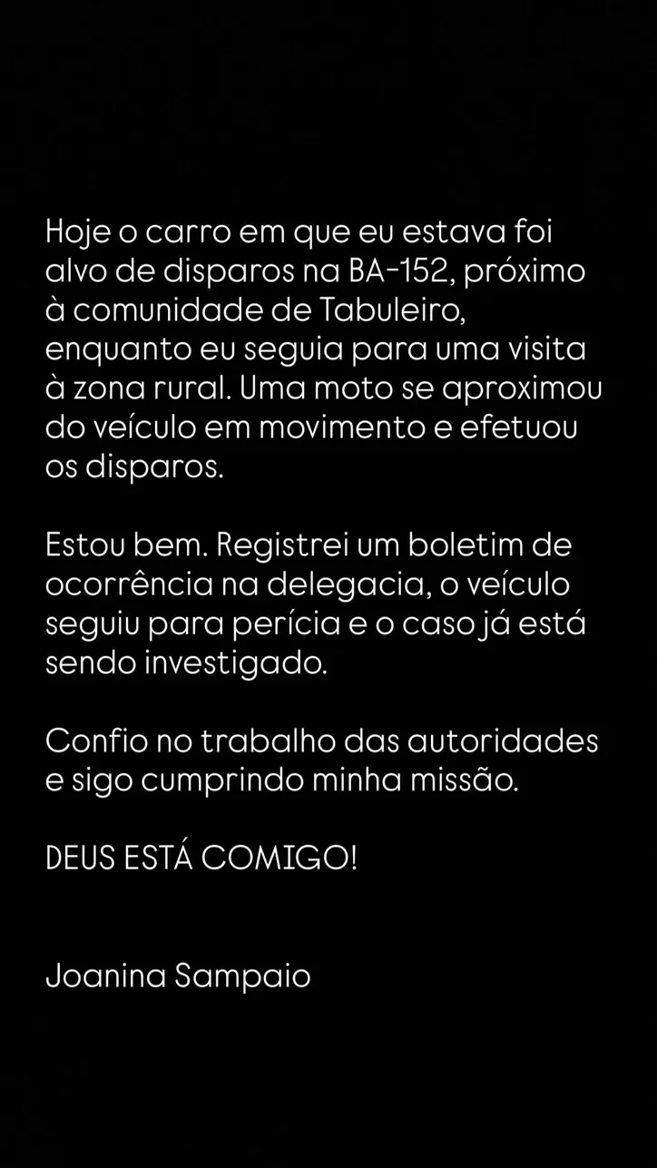 Imagem ilustrativa da imagem Prefeita de Livramento desabafa após atentado: "Deus está comigo"