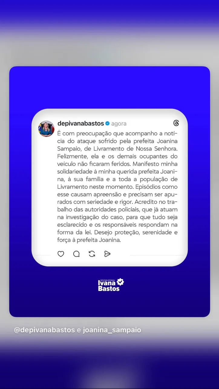 Imagem ilustrativa da imagem Prefeita de Livramento desabafa após atentado: "Deus está comigo"